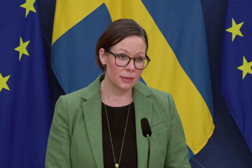 Utrikesminister Maria Malmer Stenergard i halvfigur framför en fond med flaggor.