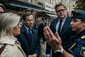 Utomhusbild där statsministern och justitieministern i halvfigur står vända mot en kvinnlig polis som gestikulerar. Flera personer står bredvid och ser mot samma polis. I bakgrunden ser man en restaurang i bottenplanet på ett flerfamiljshus i tegel.