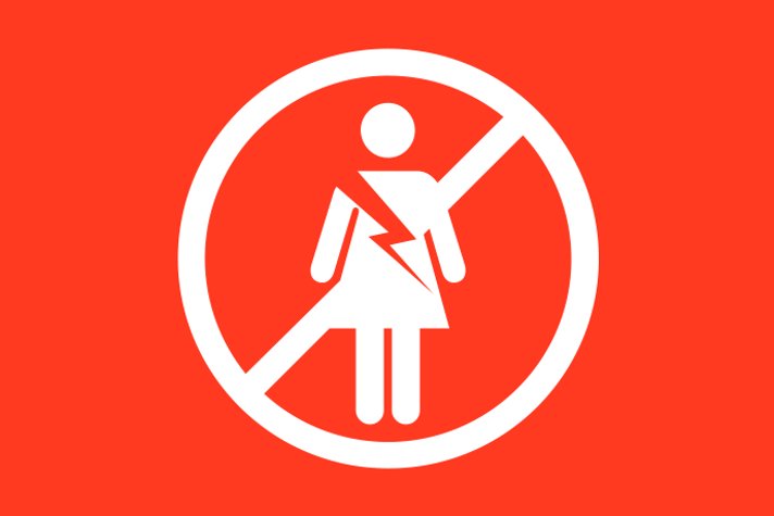 Rödorange bakgrund vita illustrationer, i mitten står en person klädd i klänning med en blixt genom överkroppen. Runt om personen en vit cirkel med ett vitt streck igenom.