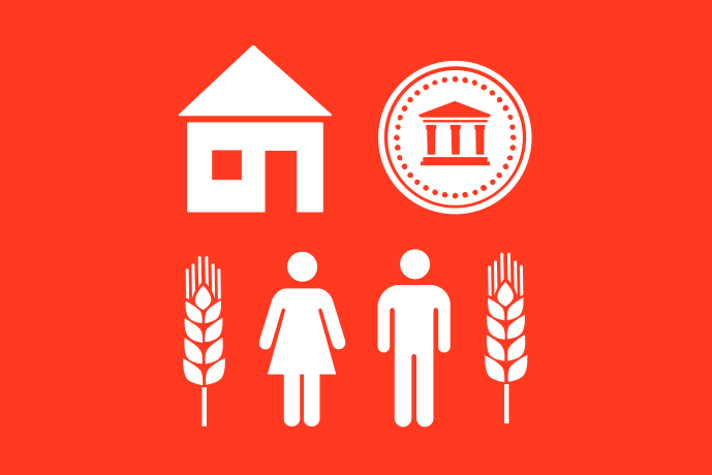 Rödorange bakgrund vita illustrationer, två personer står tillsammans mellan två spannmålsax, under ett hus och ett mynt. Ena personen bär klänning.