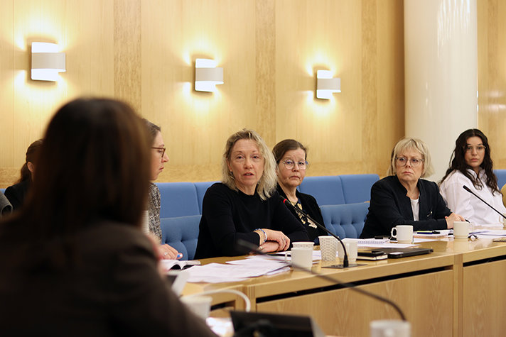 Carina Lindfelt från Svenskt Näringsliv sitter runt ett bord och talar till arbetsmarknads- och jämställdhetsministern.