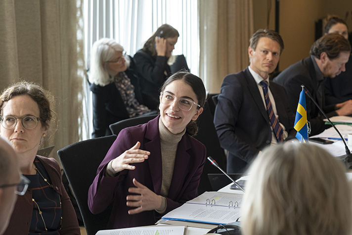 Klimat- och miljöminister Romina Pourmokhtari i samtal vid ett bord med kollegor