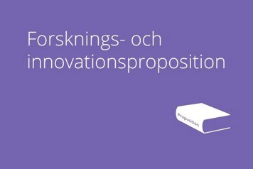 Lila bild med texten ”Forsknings- och innovationsproposition” och en vit ikon av en bok nere till höger.