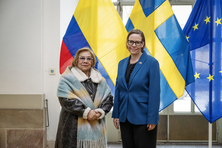 Utrikesministern Maria Malmer Stenergard och Colombias utrikesminister Rosa Yolanda Villavicencio står framför Colombias, Sveriges och EU:s flaggor.
