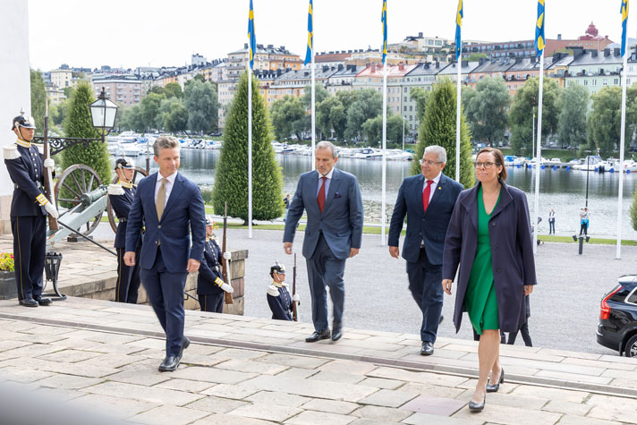 De fyra ministrarna går uppför trappan till slottet.