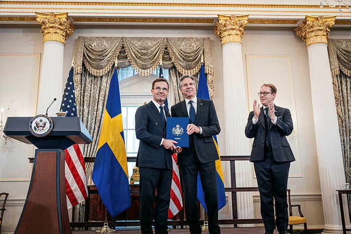 Statsminister Ulf Kristersson, USA:s utrikesminister Antony Blinken och utrikesminister Tobias Billström under deponeringen.