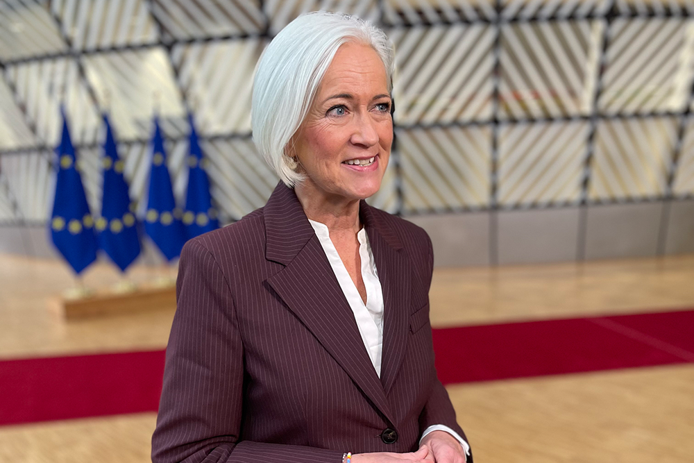 Foto på Acko Ankarberg Johansson med EU-flaggor i bakgrunden.