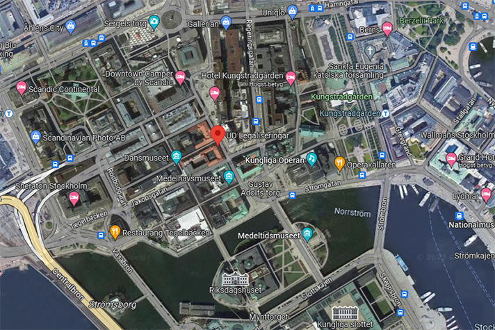 satellitbild från google maps med UD Legaliseringars adress markerad.