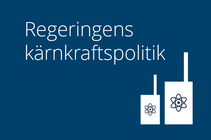 Illustrationen föreställer två kärnkraftverk mot blå bakgrund.