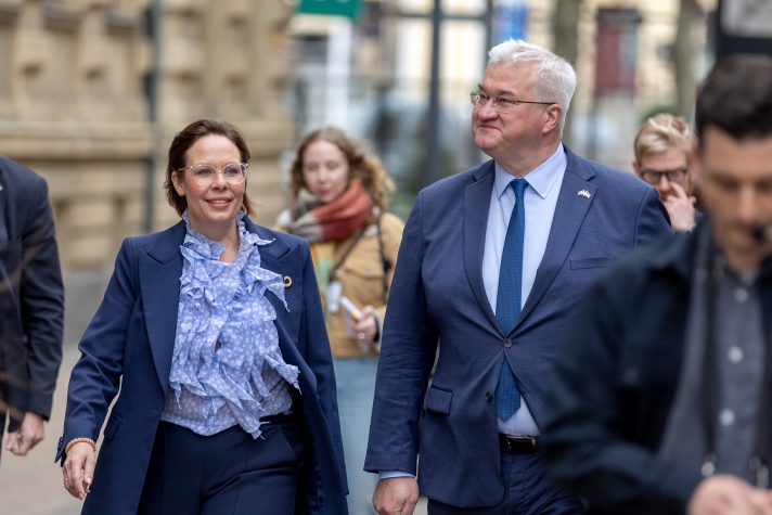 Maria Malmer Stenergard och Andrij Sybiha går bland folk.