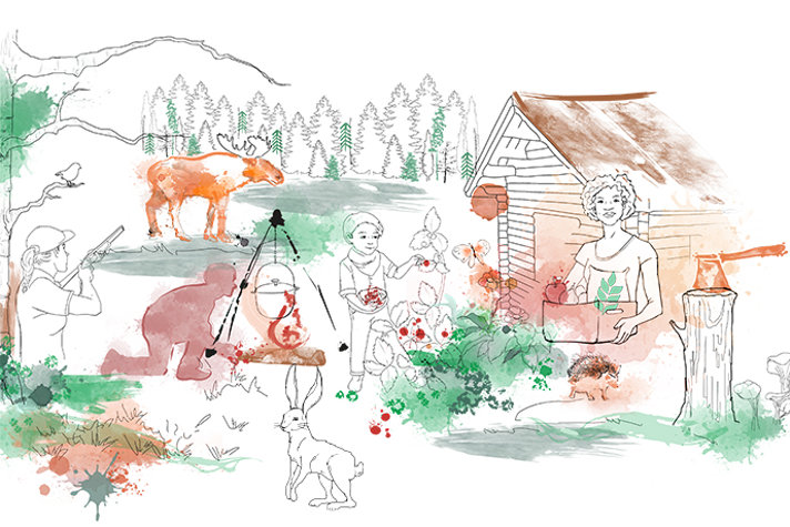 Bilden föreställer jägare i skog, bärplockande barn och andra människor som rör sig nära skogen.