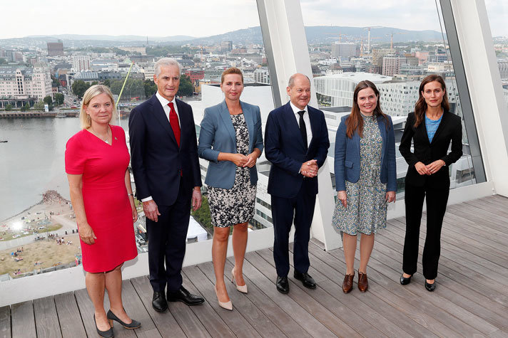 Magdalena Andersson, Jonas Gahr Støre, Mette Fredriksen, Olaf Scholz, Katrín Jakobsdóttir og Sanna Marin.