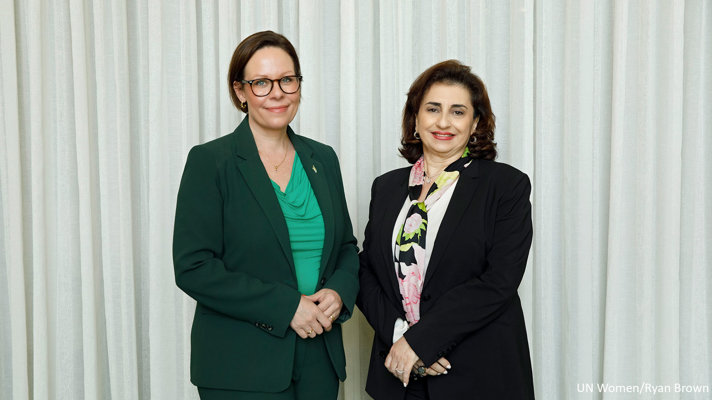 Utrikesminister Maria Malmer Stenergard tillsammans med UN Womens verkställande direktör Sima Sami Bahous