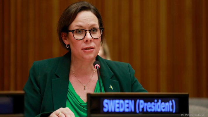 Utrikesminister Maria Malmer Stenergard talar på UN Womens årsmöte 2025.