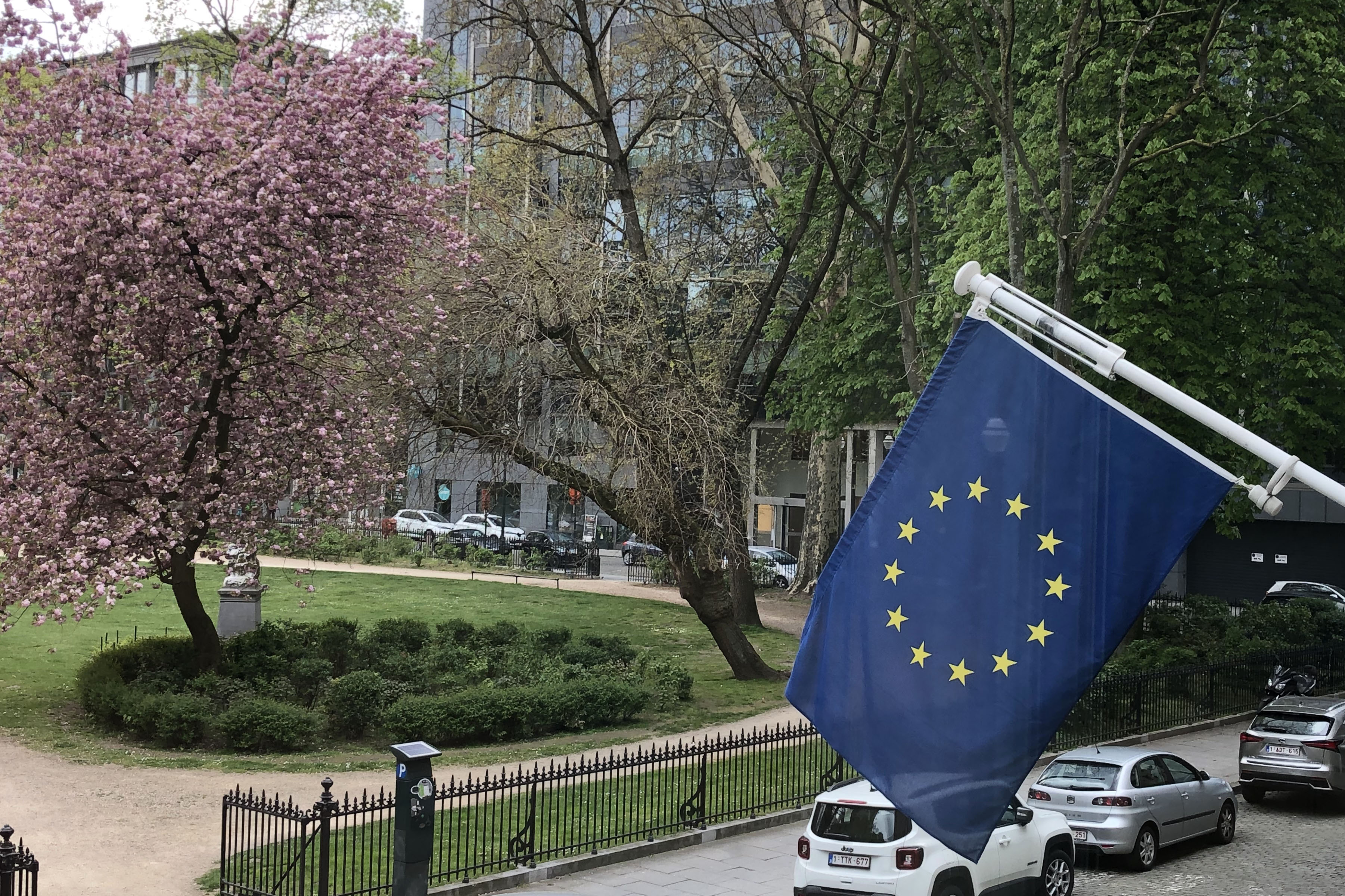 EU-flaggan framför en park. EU-flaggan framför en park.