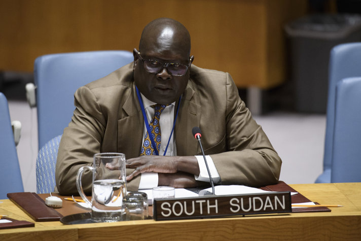 Akuei Bona Malwal, FN:s ständige representant för Sydsudan, under samtal om situationen i Sudan och Sydsudan.