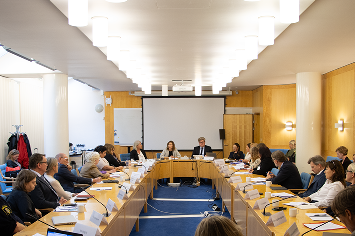 Flera personer sitter i ett stort rum rnt ett mötesbord.