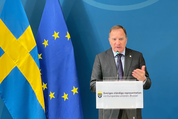 Statsminister Stefan Löfven vid pressträff i Bryssel