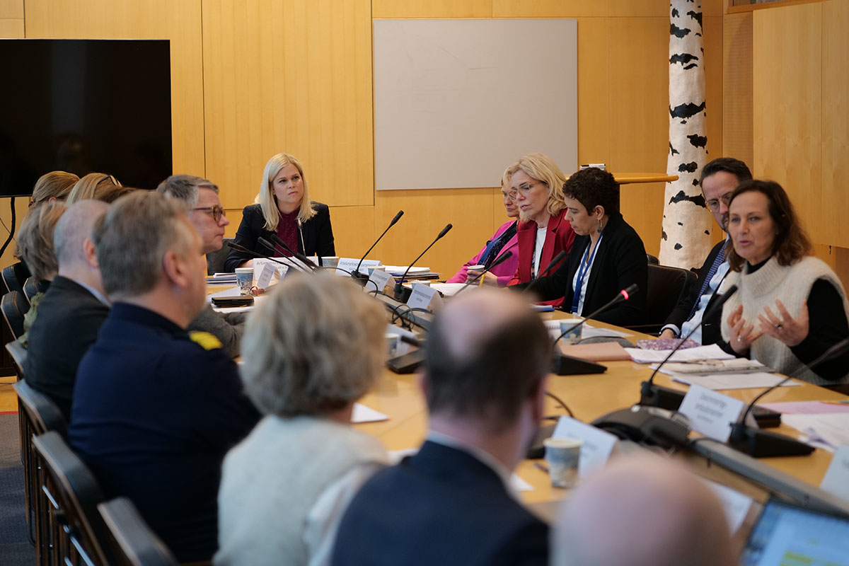 Flera personer sitter runt ett sammanträdesbord och pratar.