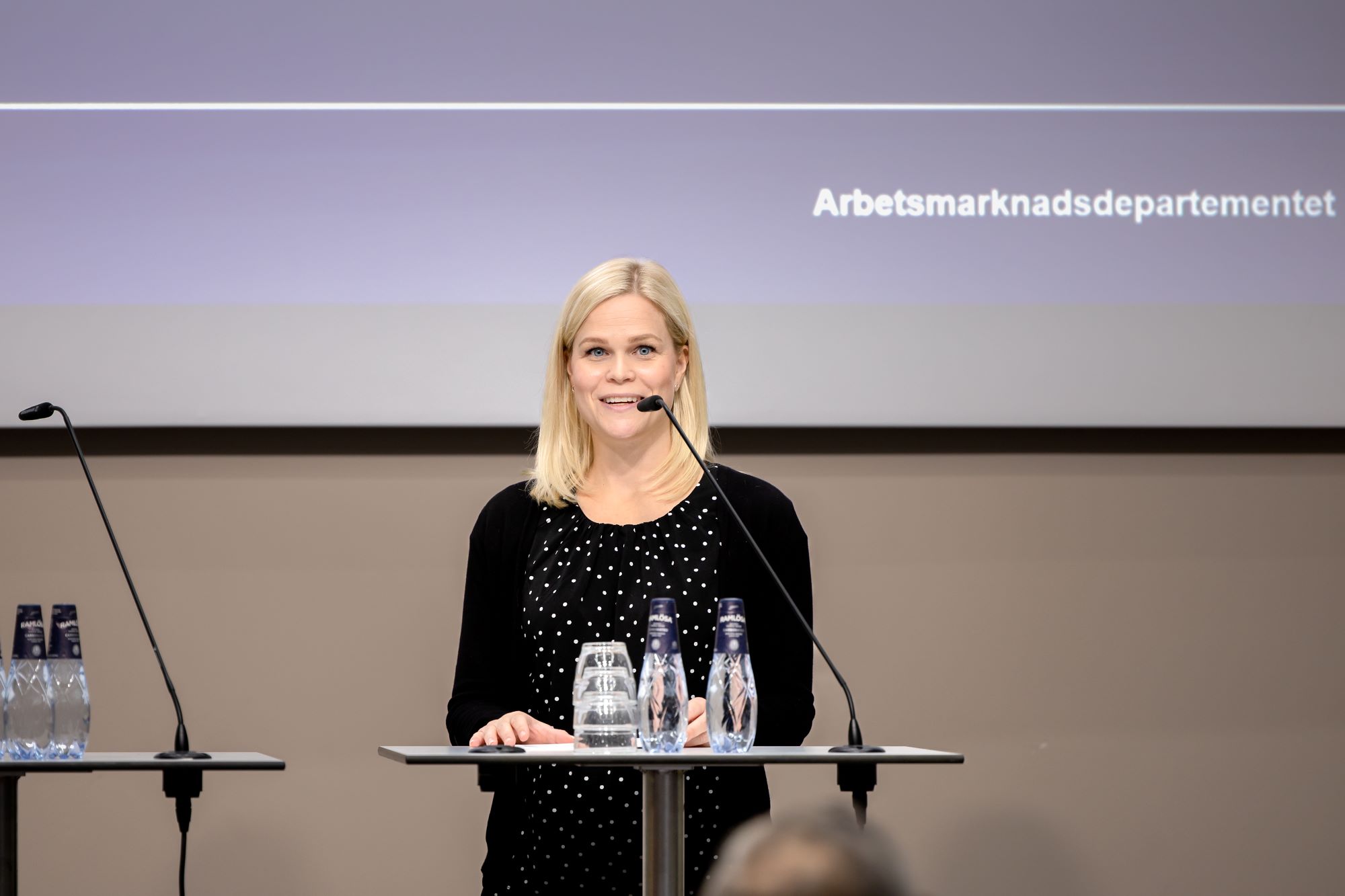 Paulina Brandberg, jämställdhets- ch arbetslivsminister står på en scen och pratar.
