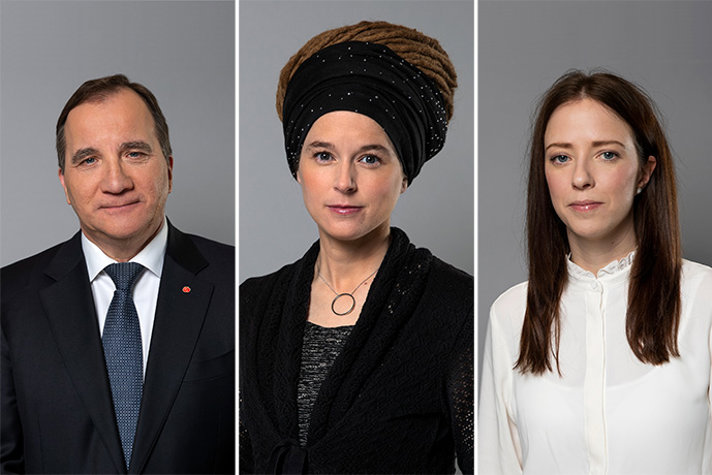 Porträttfoton av Stefan Löfven, Amanda Lind och Åsa Lindhagen