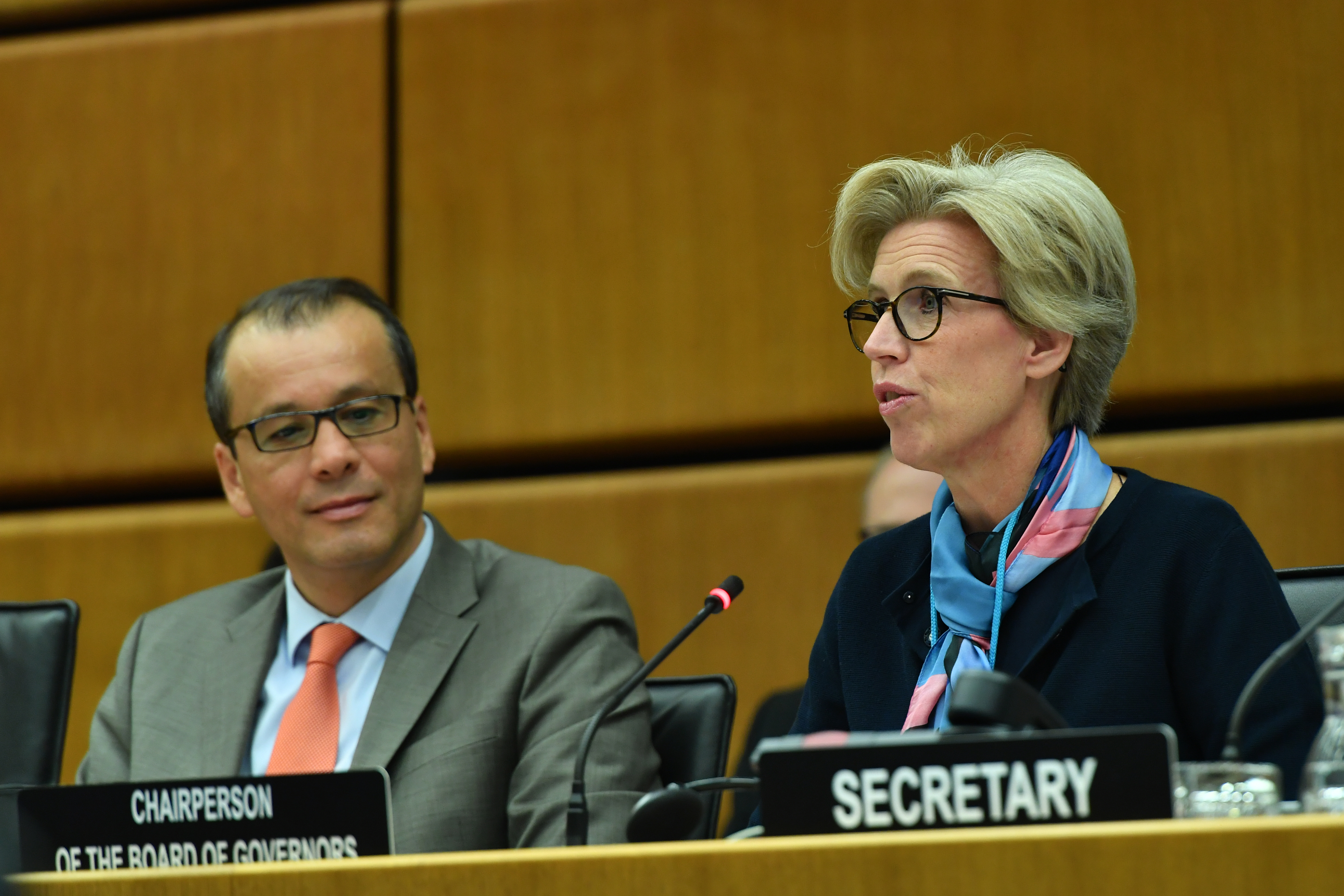 Närbild på ambassadören som talar, med ordförandeskapsskylten framför. Närbild på ambassadören som talar, med ordförandeskapsskylten framför.
