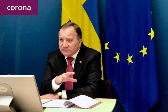 Statsminister Stefan Löfven sitter vid en kamera och skärm med flaggor i bakgrunden under ett videomöte.