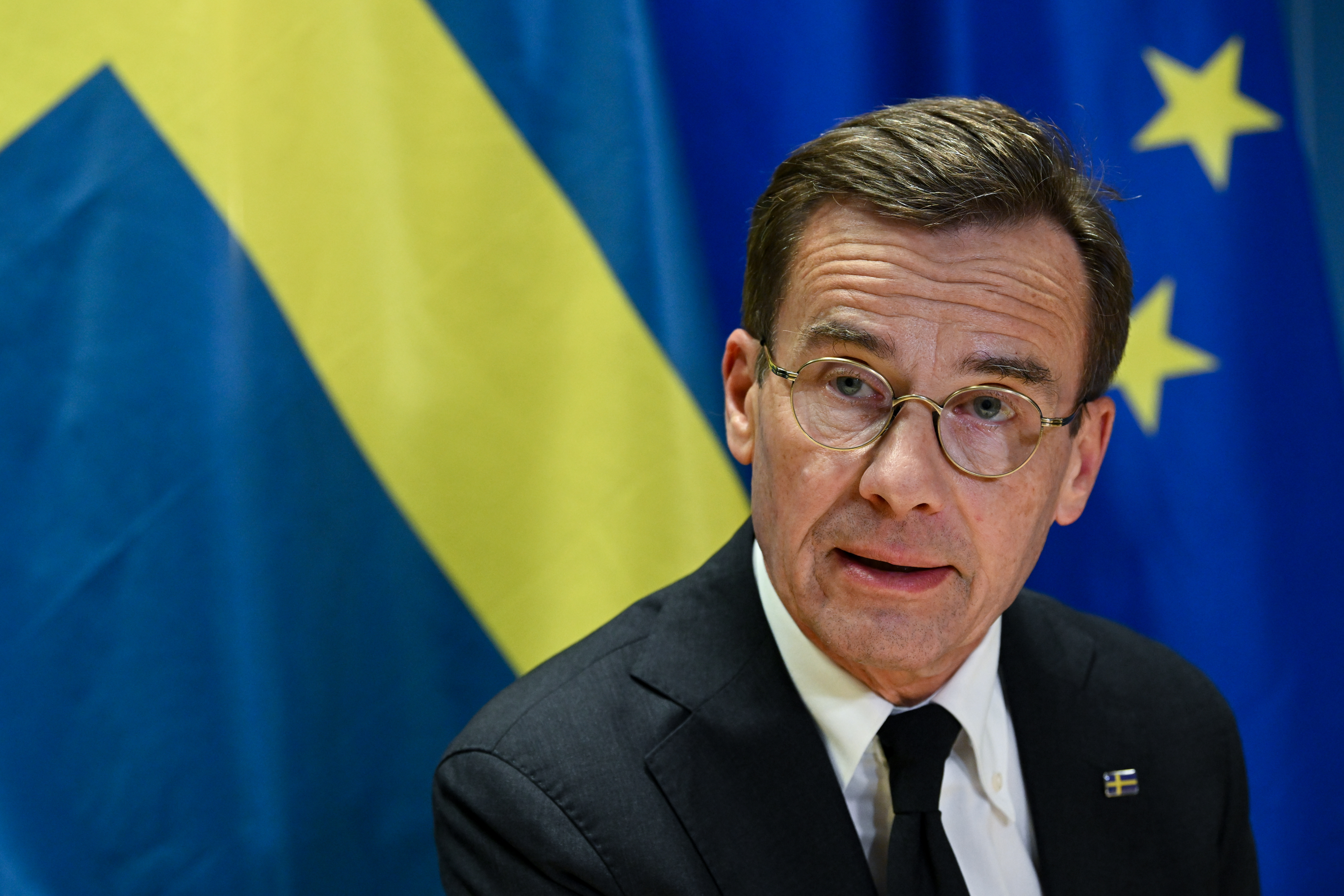 Statsminister Ulf Kristersson under en presskonferens efter mötet i Europeiska rådet den 17 oktober 2024. 