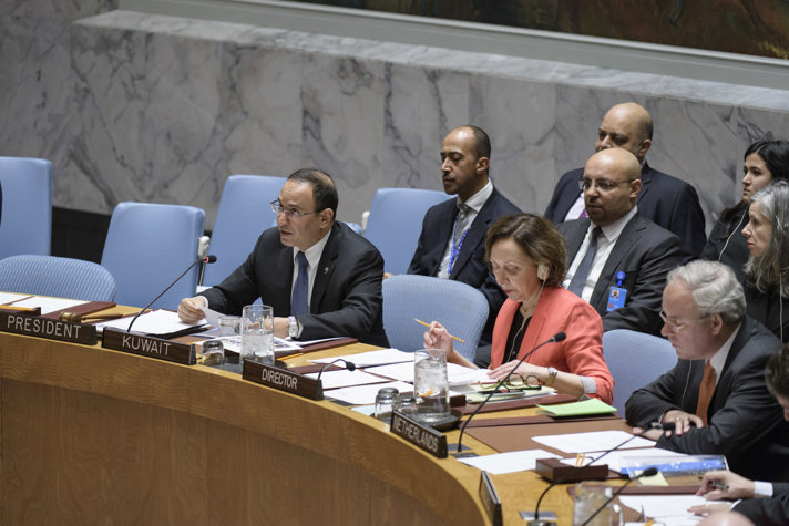 Mansour Al-Otaibi, från månadens ordförandeland Kuwait, leder en öppen debatt om säkerhetsrådet arbetsmetoder.