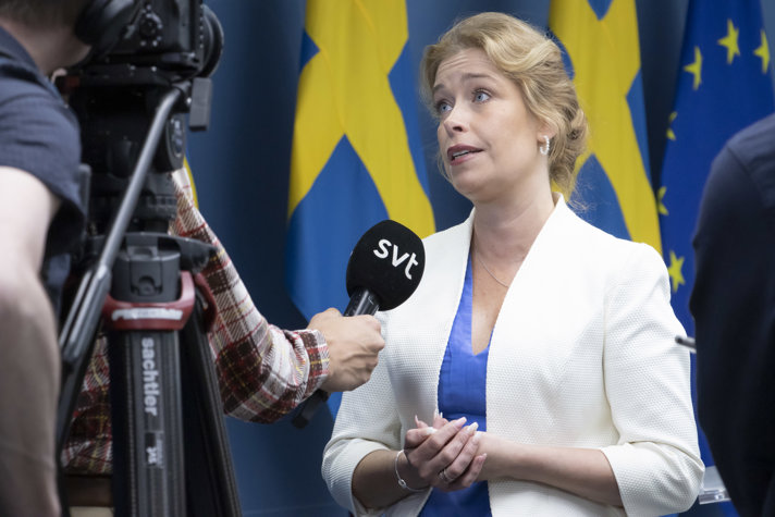Klimat- och miljöminister Annika Strandhäll intervjuas av SVT. I bilden står ministern framför två svenska flaggor och en EU-flagga. En kamera och en mikrofon som riktas mot ministern syns även i bildens vänstra halva.