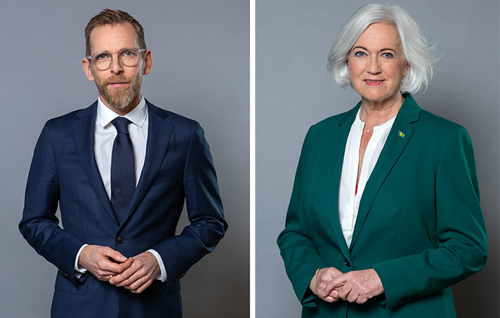 Porträtt på socialminister Jakob Forssmed och sjukvårdsminister Acko Ankarberg Johansson