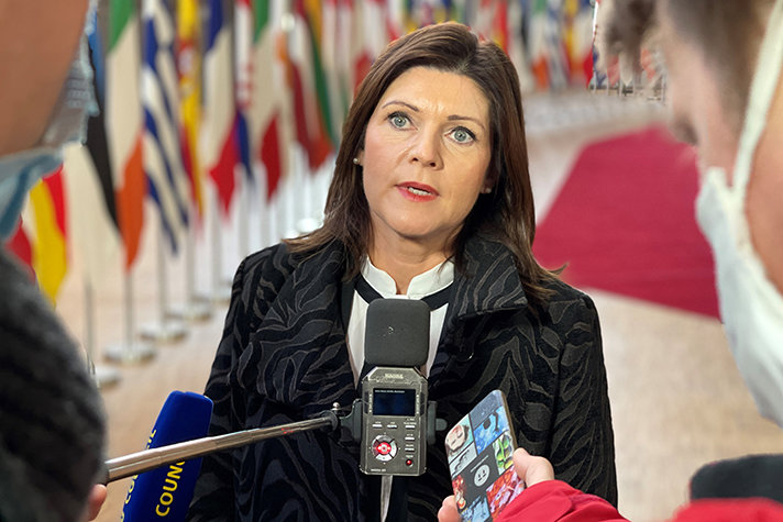 Arbetsmarknads- och jämställdhetsminister Eva Nordmark träffar pressen rådsmötet.