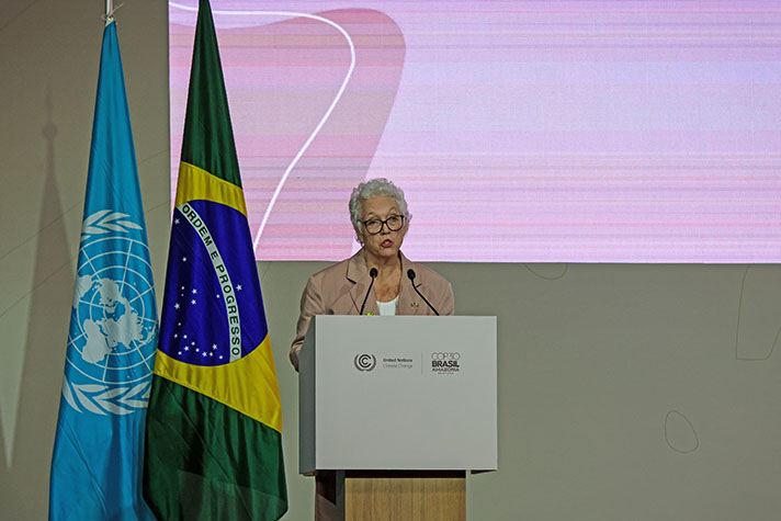 EN kvinna i talarstolen med flaggorna för FN och Brasilien till höger.