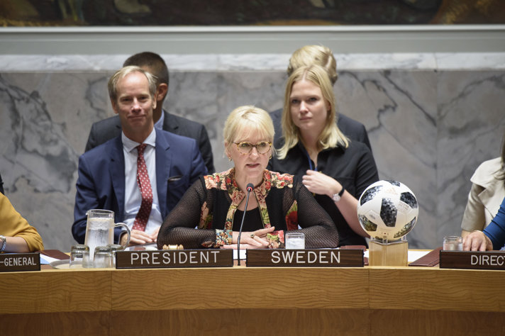 Utrikesminister Margot Wallström leder säkerhetsrådets möte om fred och säkerhet i Afrika, den 10 juli 2018.