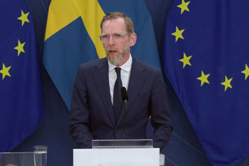 Statsrådet står vid en talarpulpet med flaggor i fonden