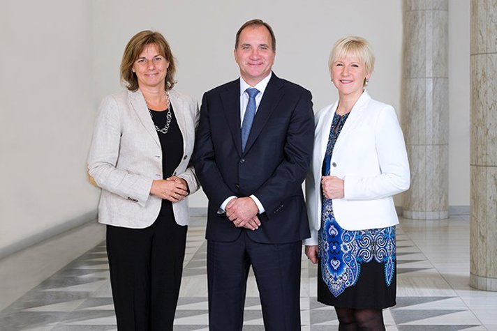 Biståndsminister Isabella Lövin, statsminister Stefan Löfven, utrikesminister Margot Wallström