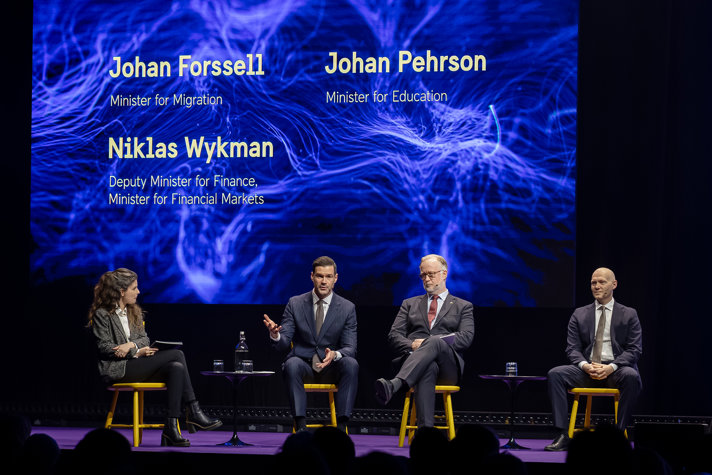 Migrationsminister Johan Forssell, utbildningsminister Johan Pehrson och finansmarknadsminister Niklas Wykman,