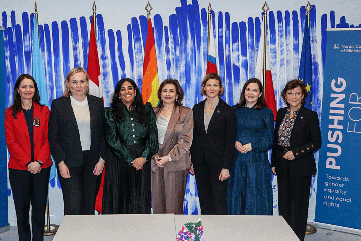 Nina Larsson står tillsammans med andra ministrar framför en vägg med flaggor. Väggen bakom är blå och vit. Till höger finns en roll-up med texten: Pushing for progress, towards gender equality and equal rights.