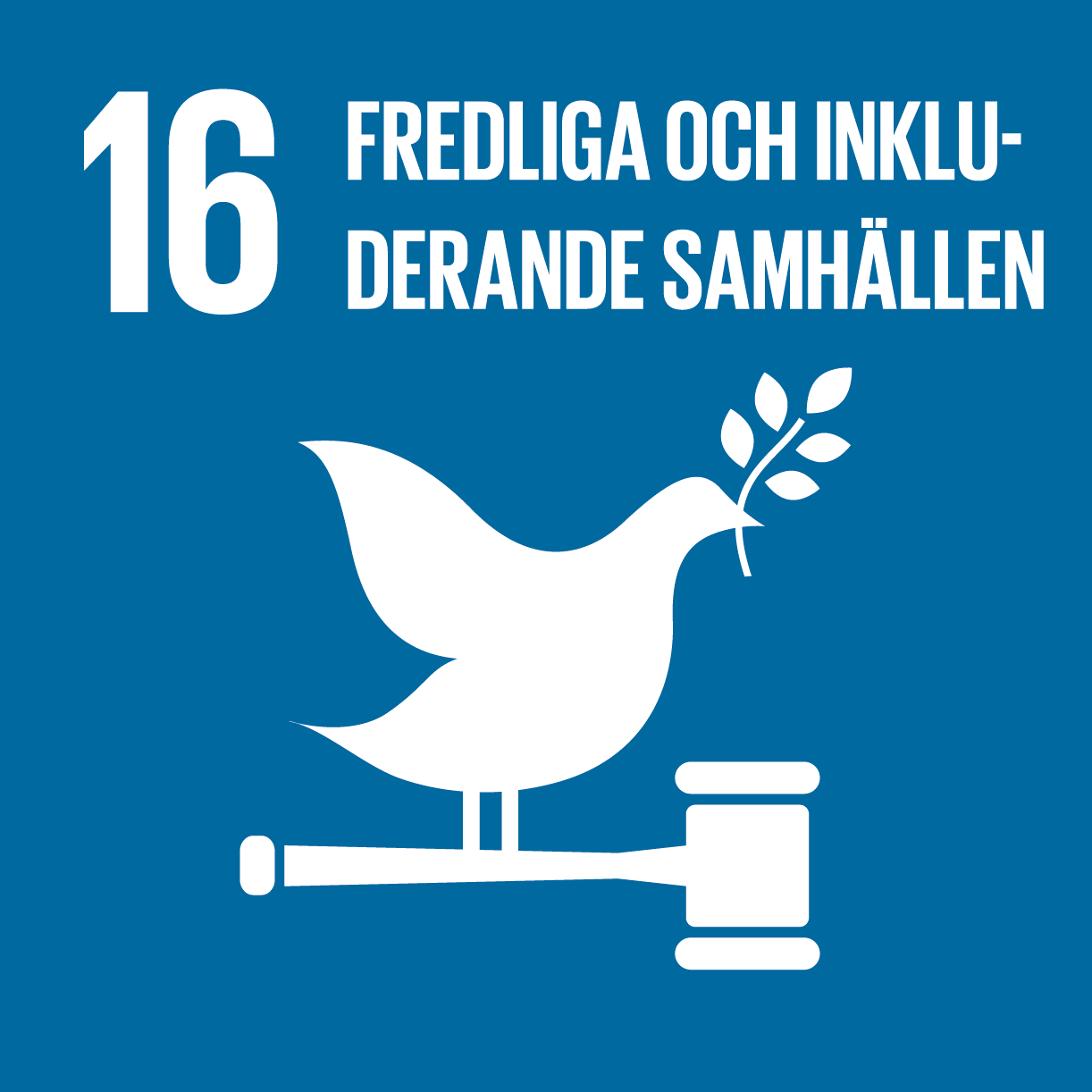 Blå bakgrund vit text, en fredsduva med en olivkvist i näbben som står på en ordförandeklubba Blå bakgrund vit text, en fredsduva med en olivkvist i näbben som står på en ordförandeklubba
