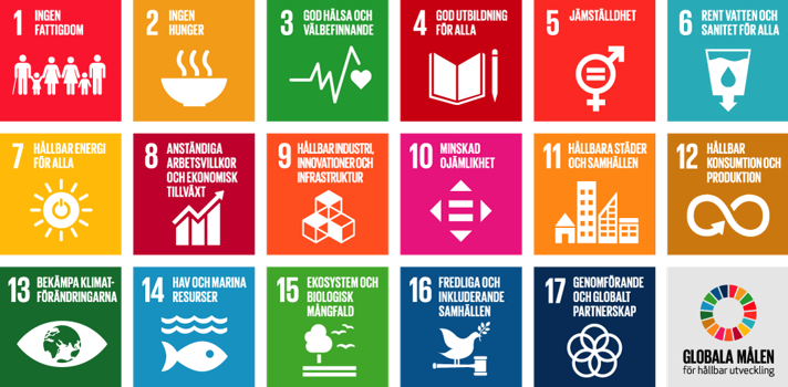 Karta med illustrationerna för alla sjutton globala mål för hållbar utveckling samt en illustration med färgcirkeln för Agenda 2030 och de globala målen för hållbar utveckling