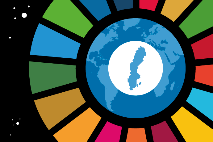 Illustration där jorden ses från rymden. Jorden omsluts av en cirkel med sjutton tårtbitar, en tårtbit vardera för de globala målen för hållbar utveckling. I jordens mitt en cirkel med vit bakgrund och Sveriges yta i blått. Illustration där jorden ses från rymden. Jorden omsluts av en cirkel med sjutton tårtbitar, en tårtbit vardera för de globala målen för hållbar utveckling. I jordens mitt en cirkel med vit bakgrund och Sveriges yta i blått.