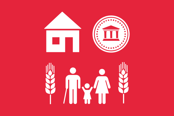 Röd bakgrund vita illustrationer, tre personer i olika åldrar står tillsammans mellan två spannmålsax, under ett hus och ett mynt.