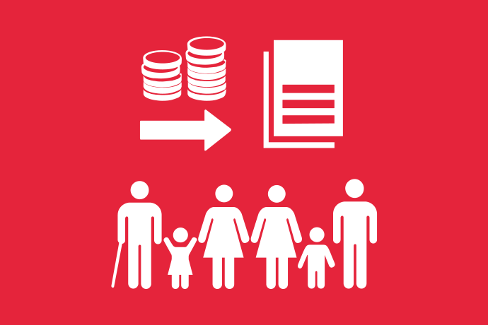 Röd bakgrund vita illustrationer, sex personer i olika åldrar som står tillsammans under två staplar mynt och en pil som pekar mot dokument med text..
