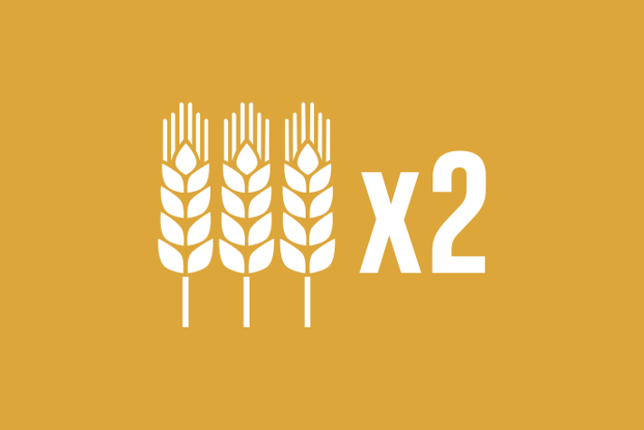 Senapsgul bakgrund vita illustrationer, tre spannmålsax bredvid varandra samt ett gångertecken med siffran två intill.