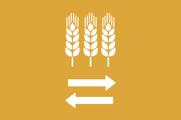 Senapsgul bakgrund vita illustrationer, tre spannmålsax bredvid varandra och under dem två pilar som pekar åt var sitt håll.