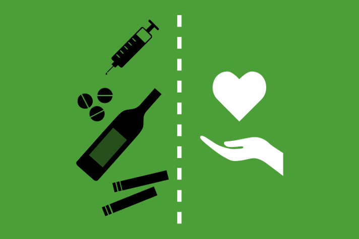 Grön bakgrund, till vänster i bild en svart spruta, tre svarta tabletter, en svart vinflaska och två svarta cigaretter. I mitten en lodrät streckad vit linje. Till höger ett vitt hjärta ovanför en vit öppen hand. 