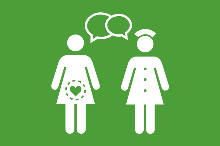 Grön bakgrund vita illustrationer, en gravid person bredvid en sjuksköterska och mellan dem två pratbubblor.