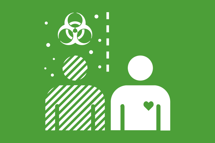 Grön bakgrund vita illustrationer, till vänster en sjuk person med en molekyl ovanför och till höger en frisk person varandra.