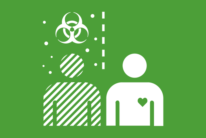 Grön bakgrund vita illustrationer, till vänster en sjuk person med en molekyl ovanför och till höger en frisk person varandra.