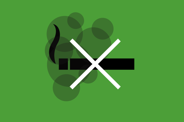 Grön bakgrund, ett vitt kryss över en svart cigarett det ryker ur.